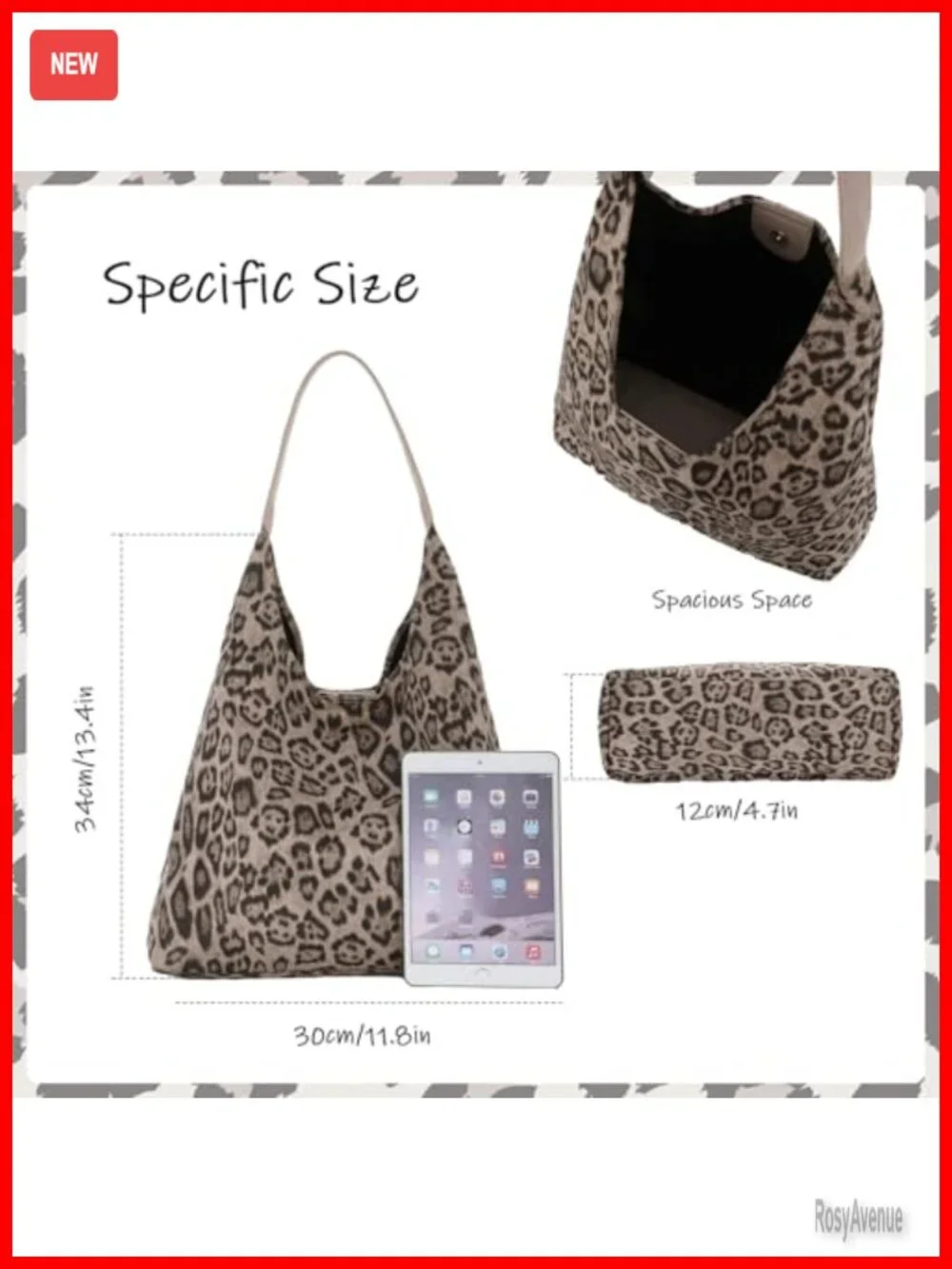 Faux Suede Leather Leopard Print Hobo Shoulder Bag Large Vintage Satchel